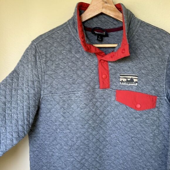 Patagonia Snap Sweatshirt Pullover Gray Pink Cotton Quilted quarter zip sz small - Picture 5 of 11